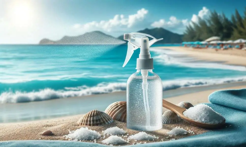 DIY Tips For How to Lighten Hair Naturally - A beach scene with a spray bottle filled with clear saltwater solution, grains of sea salt scattered around, and the ocean in the background