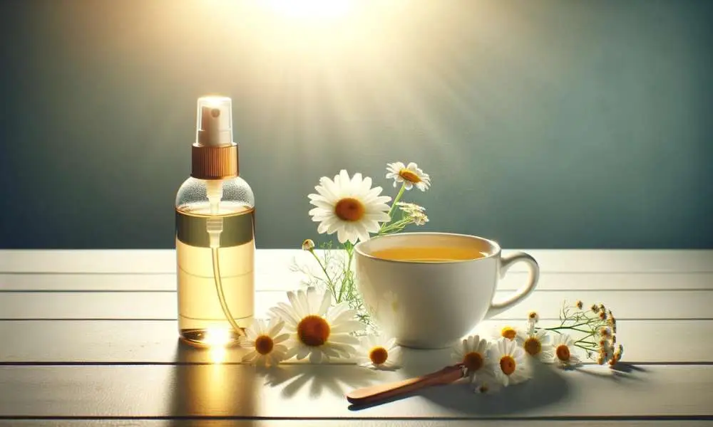 DIY Tips For How to Lighten Hair Naturally - A bright, soothing cup of chamomile tea with a few loose flowers around it, next to a spray bottle filled with the brewed tea, set against a calm, sun
