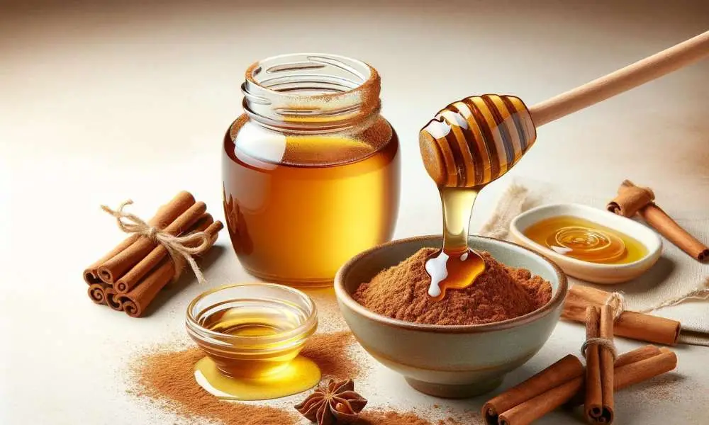 DIY Tips For How to Lighten Hair Naturally - A honey jar pouring a golden, viscous liquid into a bowl mixed with ground cinnamon, representing the sweet and spicy concoction for hair lightening