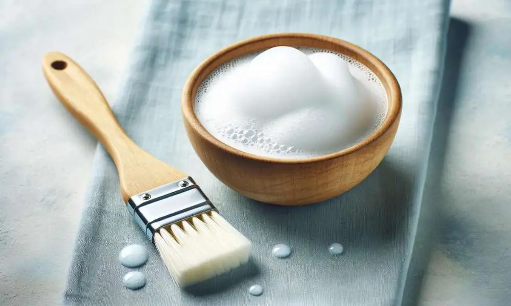 DIY Tips For How to Lighten Hair Naturally - A small bowl containing a foamy, white paste made from baking soda and hydrogen peroxide, with a brush beside it ready to apply the mixture