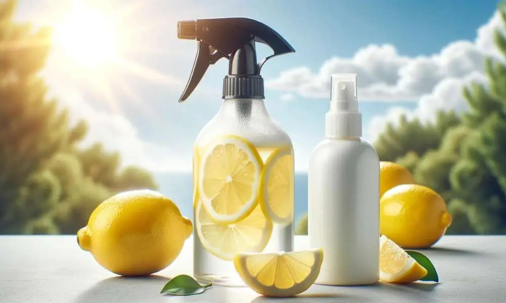 DIY Tips For How to Lighten Hair Naturally - A spray bottle filled with lemon juice and conditioner mixture, set against a sunny background with lemons and a bottle of conditioner nearby