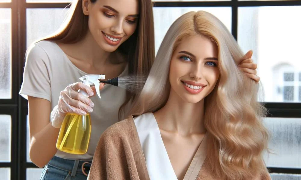 DIY Tips For How to Lighten Hair Naturally - a woman giving another blonde woman a hair lightening treatment using a spray bottle filled with lemon juice.